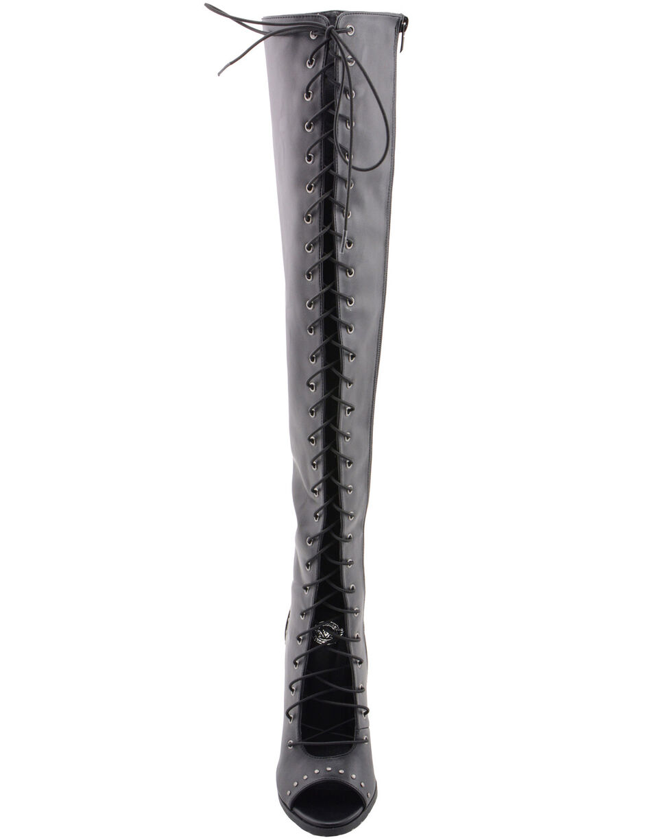 Details about   Womens Pu Leather Riding Pointed Toe Knee High Boots Lace Up Zip Knight Boots